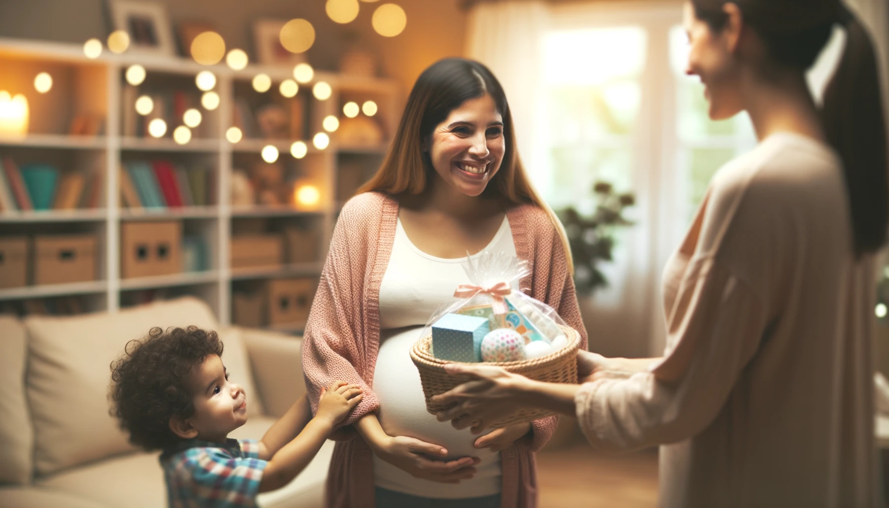 Pregnant Latina woman receiving baby supplies