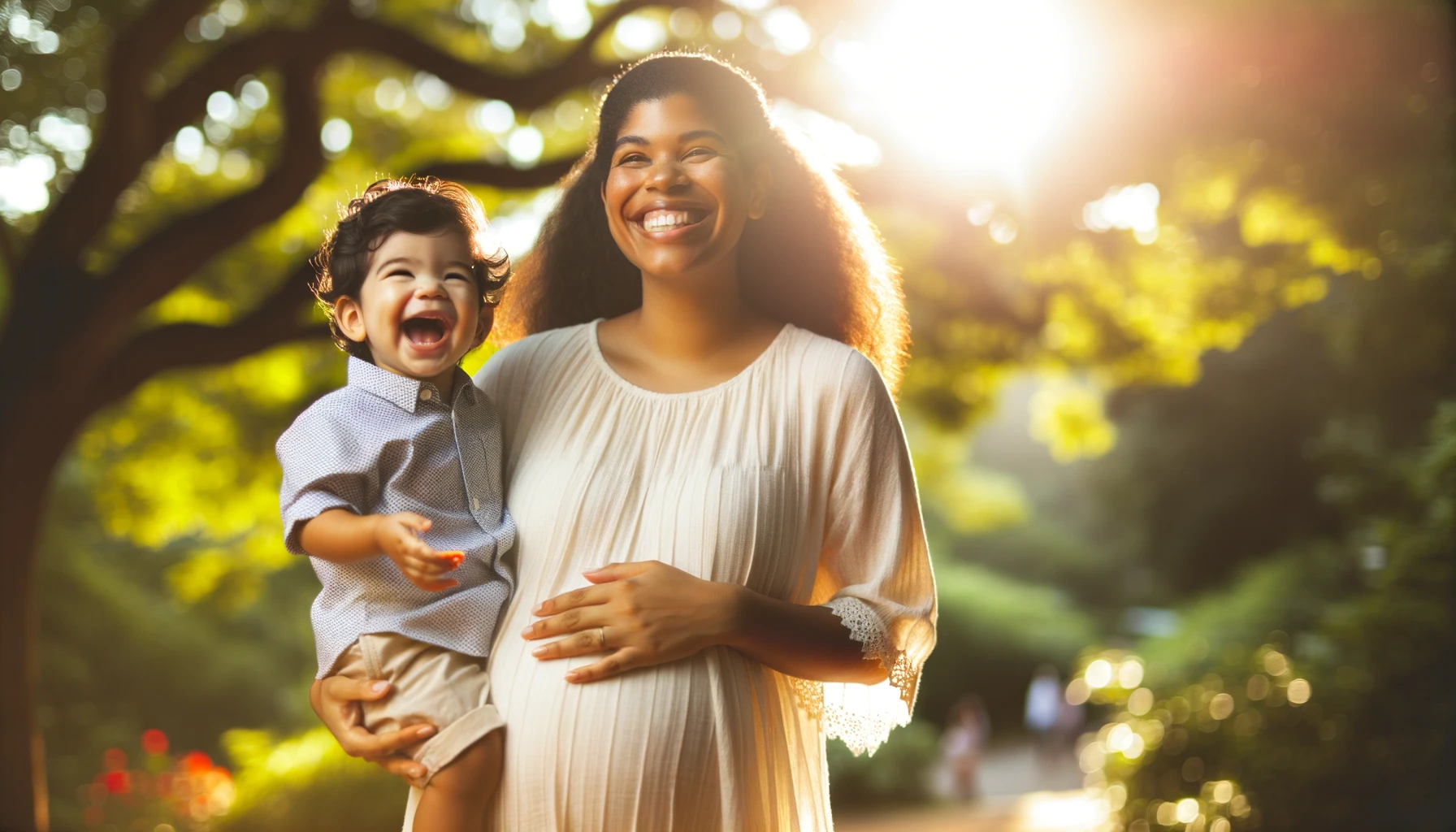 Pregnant Latina mother holding toddler son